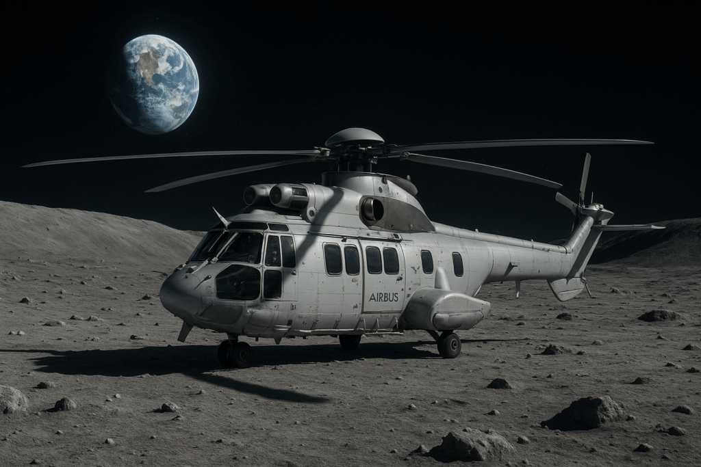 Rotorcraft Moon Landing: Airbus H225 moon-rover rodeo with cowboy pilot.