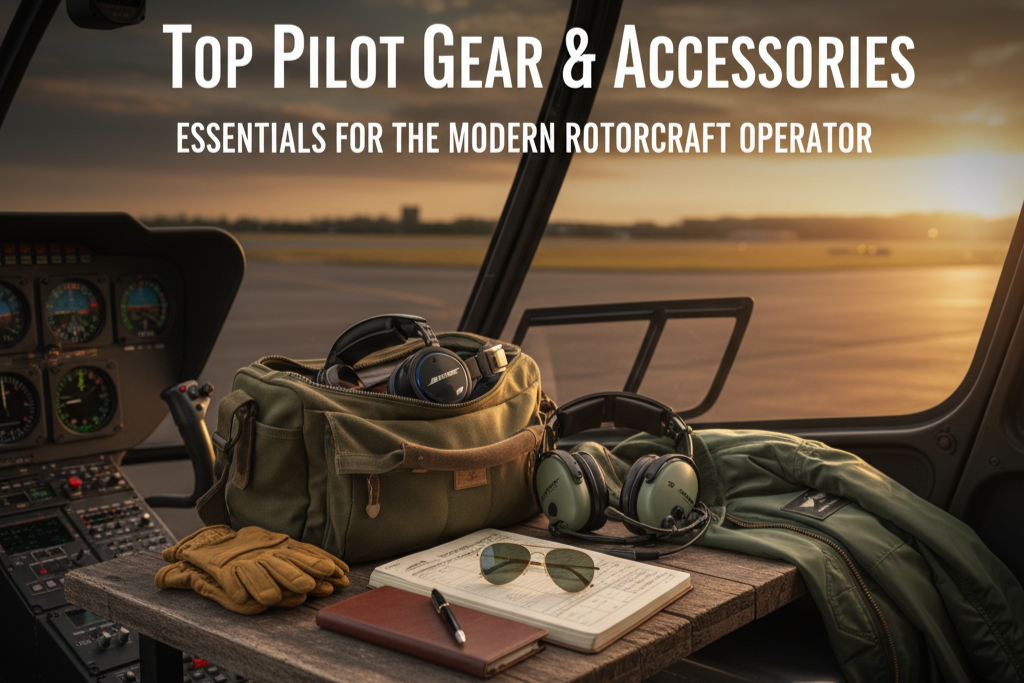 Pilot essentials laid out on a table inside a helicopter cockpit: flight bag with headset, logbook, sunglasses, and an olive green flight jacket.