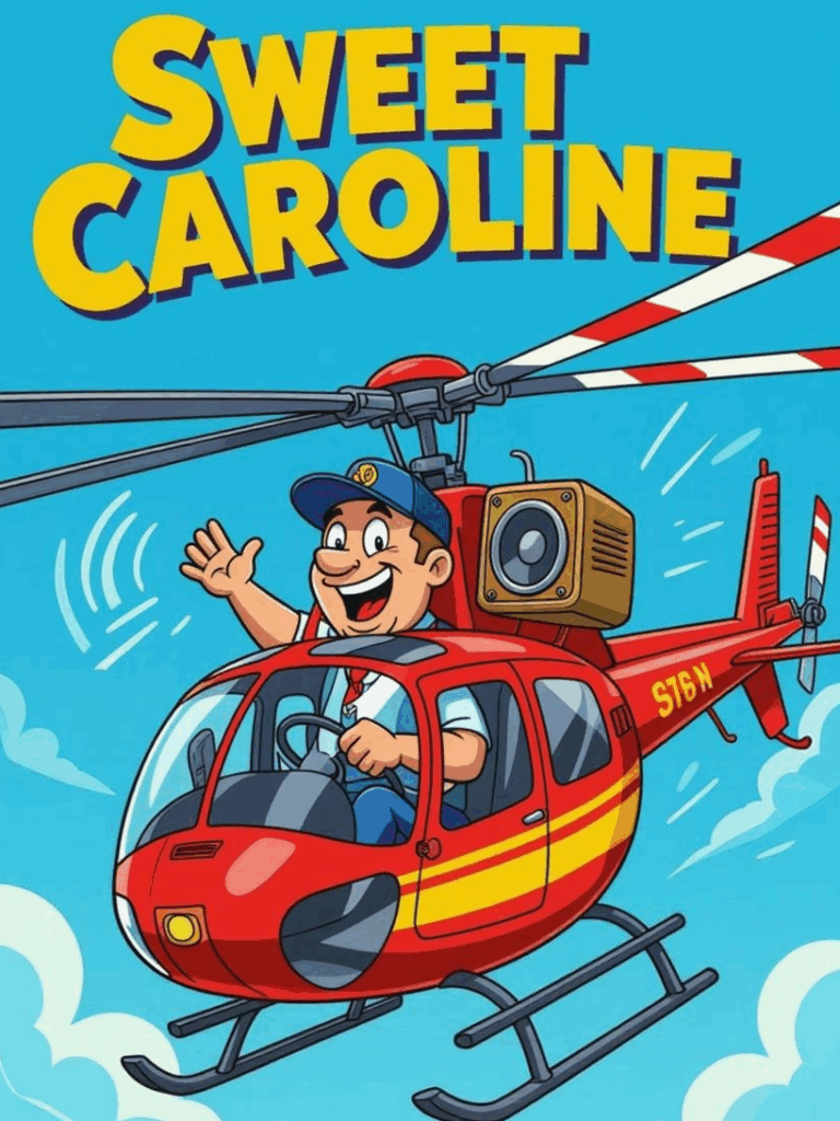 Helicopter Music Satire: Helicopter with speaker playing Sweet Caroline.